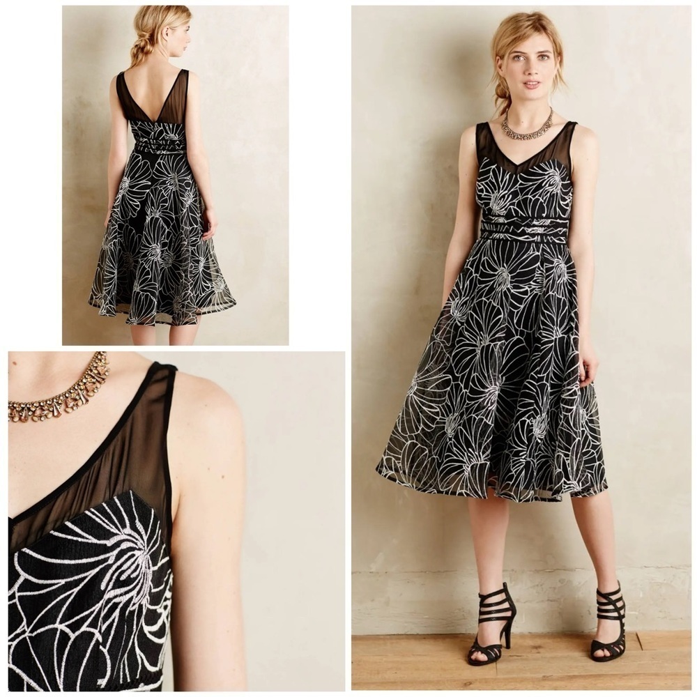 EUC Anthropologie Moulinette Soeurs Floral Calendula Midi Cocktail Black Dress 4